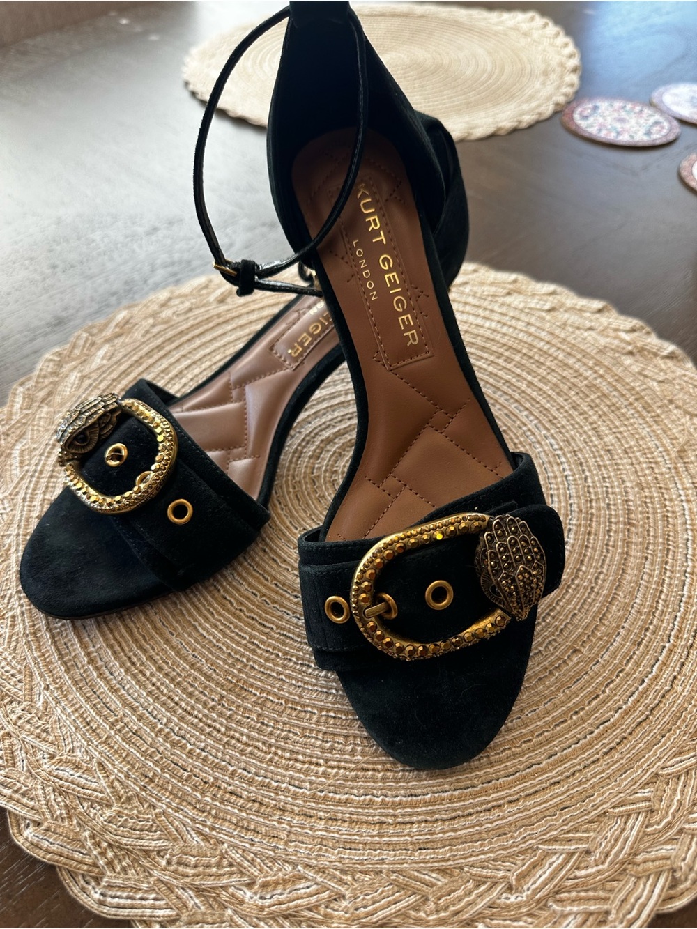 Kurt Geiger Black Suede Ankle-Strap Sandals with Gold Buckle Accent